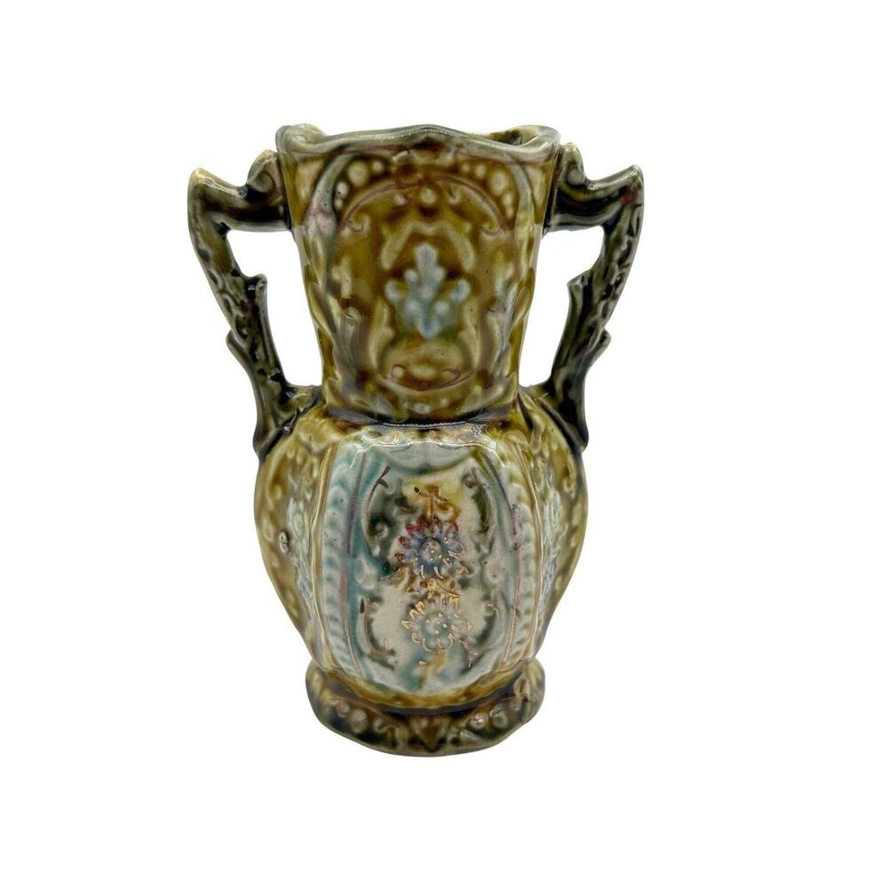 Antique Majolica Floral Vase 5" Double Handled Green Brown Glazed Pottery #781